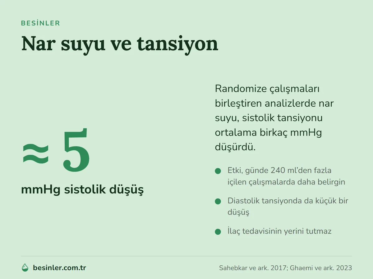 Nar suyunun sistolik tansiyonu ortalama yaklaşık 5 mmHg düşürdüğünü gösteren infografik