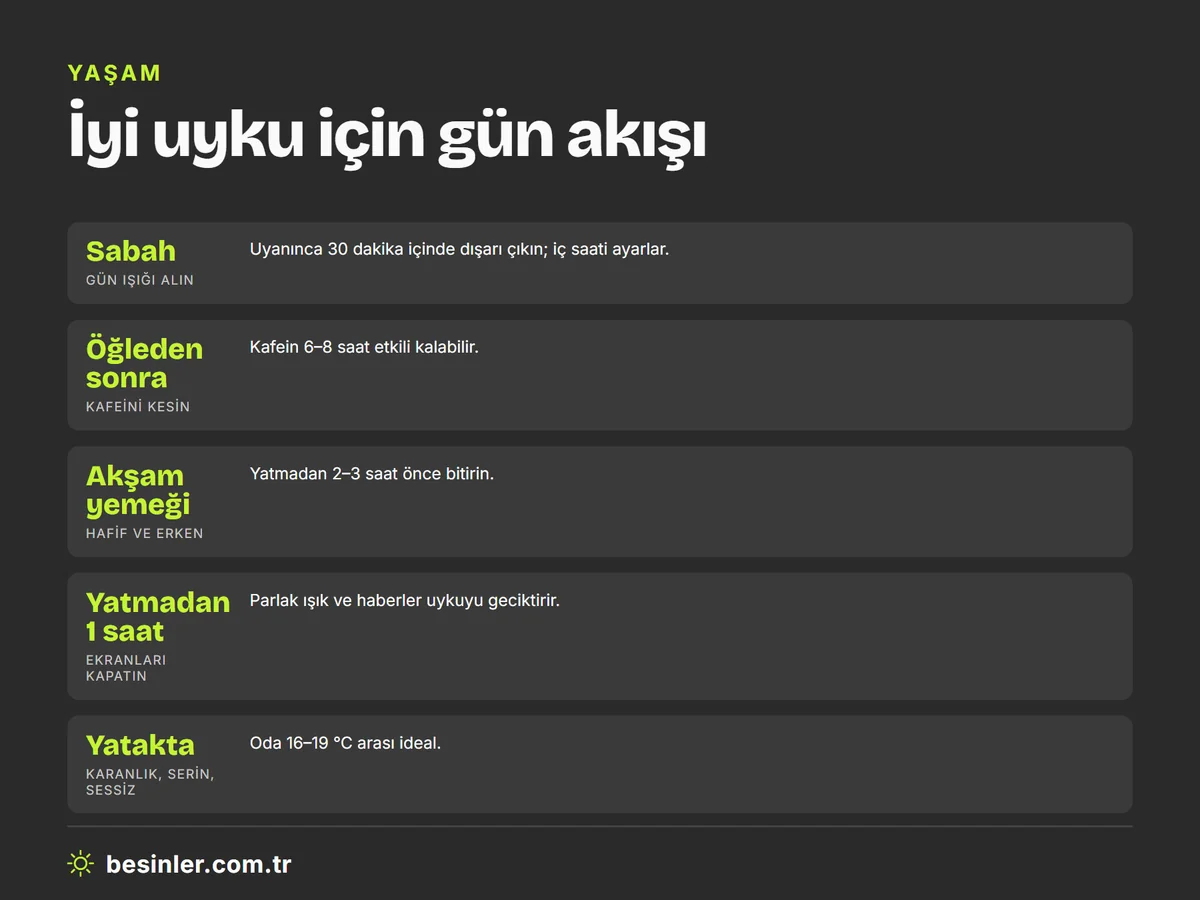 Sabah gün ışığı, öğleden sonra kafeini kesme, erken ve hafif akşam yemeği, ekranları kapatma ve karanlık-serin oda ile iyi uyku için gün akışı